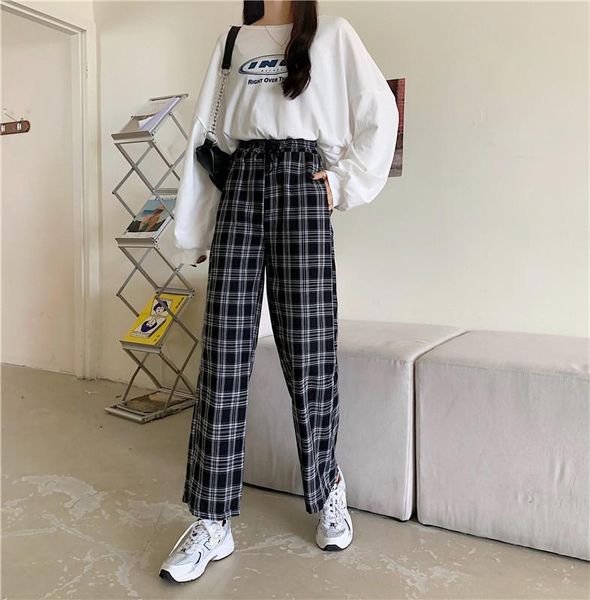 women's plaid trousers fashion wide leg long casual summer elastic high waist pants japanese harajuku loose culotte trousers, Black;white
women's plaid trousers fashion wide leg long casual summer elastic high waist pants japanese harajuku loose culotte trousers, Black;white
