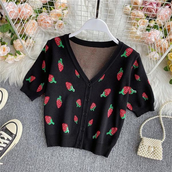 v-neck strawberry embroidered sweater cardigan for women 2021 summer new short sleeve slim fit short black knitted fashion, White;black
v-neck strawberry embroidered sweater cardigan for women 2021 summer new short sleeve slim fit short black knitted fashion, White;black