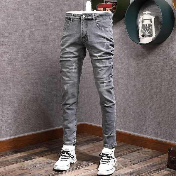 men's jeans streetwear fashion retro elastic slim fit frayed ripped casual pencil pants, Blue
men's jeans streetwear fashion retro elastic slim fit frayed ripped casual pencil pants, Blue
