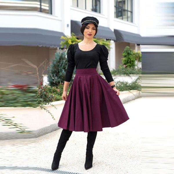 skirts autumn knee length womens mujer faldas big swing ladies skirt women 2021 spring wild high waist slim, Black