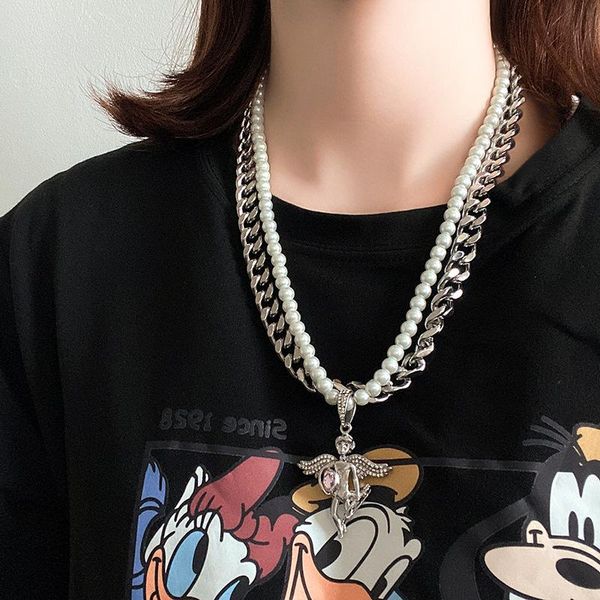 pendant necklaces stainless steel cuban chain angel pearl clavicle double stitching necklace hip hop long choker collar, Silver
pendant necklaces stainless steel cuban chain angel pearl clavicle double stitching necklace hip hop long choker collar, Silver