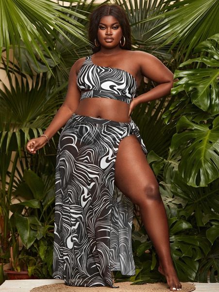 3pack plus fluid pattern one shoulder bikini swimsuit & beach skirt s5fw#, Black
3pack plus fluid pattern one shoulder bikini swimsuit & beach skirt s5fw#, Black