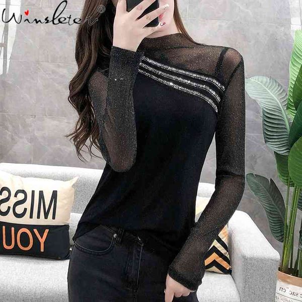 women's t-shirt spring fall european style shiny beads girls fashion mock neck patchwork mesh women slim tees t12704a 9g, White
women's t-shirt spring fall european style shiny beads girls fashion mock neck patchwork mesh women slim tees t12704a 9g, White