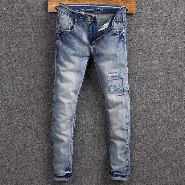 men's jeans fashion streetwear retro blue patchwork destroyed ripped for designer elastic cotton slim fit hip hop pants 15e6
men's jeans fashion streetwear retro blue patchwork destroyed ripped for designer elastic cotton slim fit hip hop pants 15e6