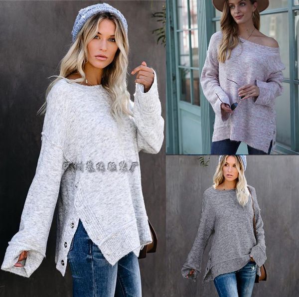 commuter fashion long sleeve round neck sweater side slit button sweater women, White;black
commuter fashion long sleeve round neck sweater side slit button sweater women, White;black