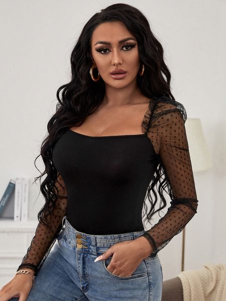 polka dot mesh puff sleeve square neck g9gm#, White