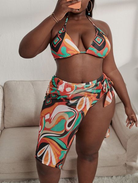 3pack plus allover print triangle bikini swimsuit & beach skirt g9ro#, Black 
3pack plus allover print triangle bikini swimsuit & beach skirt g9ro#, Black