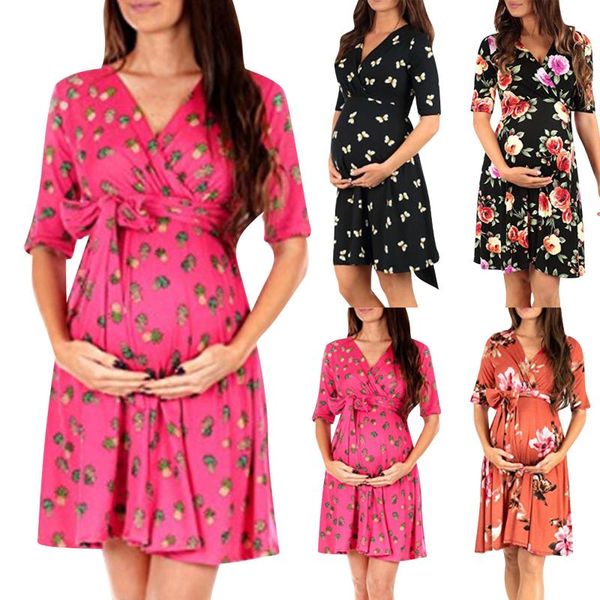 maternity dresses pregnant women print tied bandwidth loose clothing casual ladies dress pregnancy clothes robe femme vestidos, White