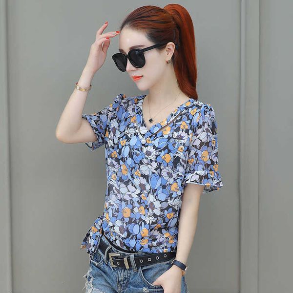 women spring summer style chiffon blouses shirts lady casual short flare sleeve v-neck flower printed blusas df2911 210609, White
women spring summer style chiffon blouses shirts lady casual short flare sleeve v-neck flower printed blusas df2911 210609, White