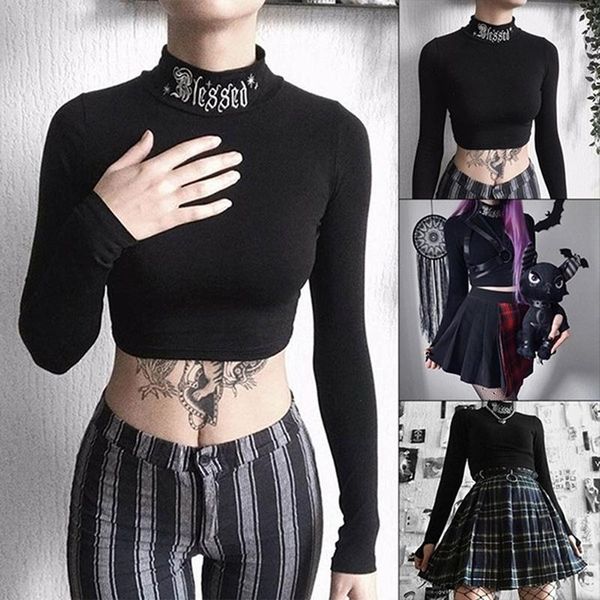 women's t-shirt women black bodycon long sleeve crop gothic harajuku letter embroidery vintage solid female casual basic, White
women's t-shirt women black bodycon long sleeve crop gothic harajuku letter embroidery vintage solid female casual basic, White