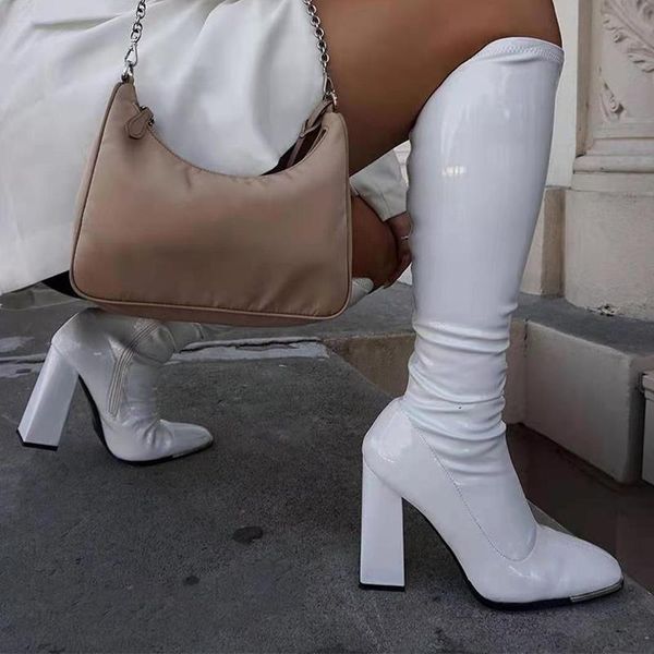boots autumn women knee high female block super heels platform shoes ladies bright pu leather solid zip fashion long boot, Black