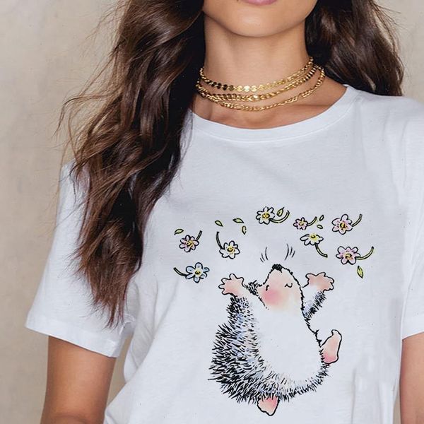 new t shirt female hedgehog with floral tshirt loose summer tee shirt female easy matching round neck t shirts, White
new t shirt female hedgehog with floral tshirt loose summer tee shirt female easy matching round neck t shirts, White