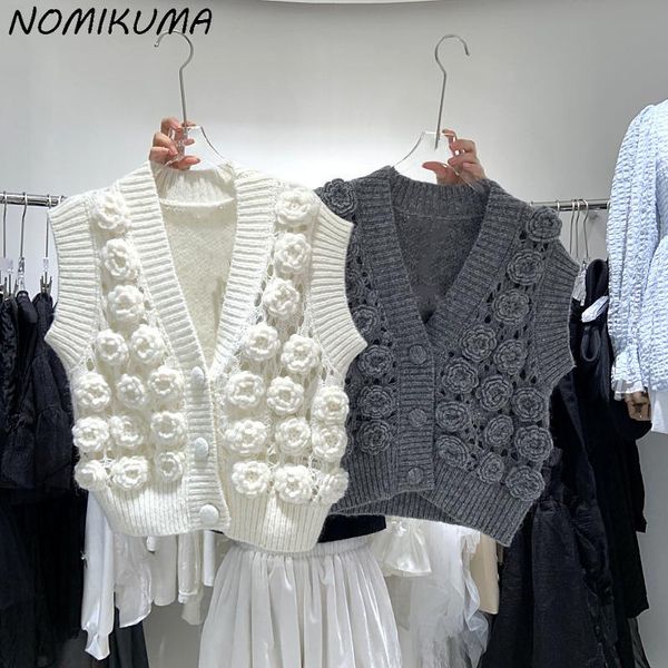 women's knits & tees nomikuma 2021 autumn sweater vest korean 3d hook hollow-out pullover knitwear sleeveless v-neck knitted vests fema, White