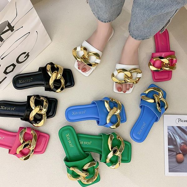 slippers 2021 fashion brand gold metal chain women square toe flat casual slide beach flip flops candy color sandal shoes green, Black
slippers 2021 fashion brand gold metal chain women square toe flat casual slide beach flip flops candy color sandal shoes green, Black