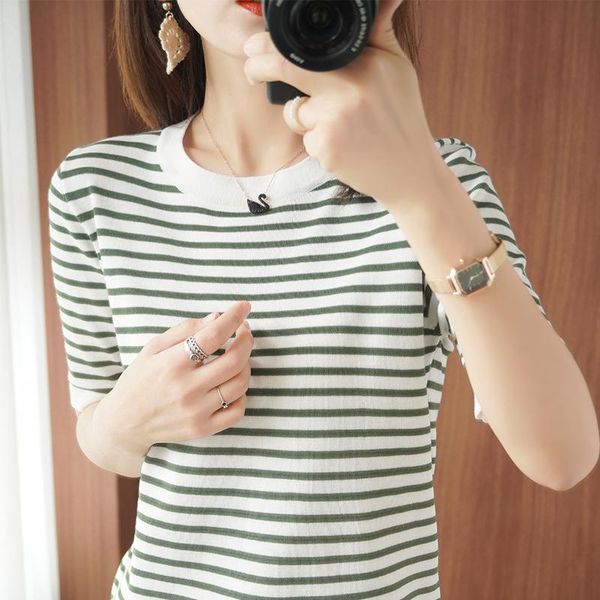 women's t-shirt summer ice silk knitted round neck striped short-sleeved women 2021 temperament loose half-sleeved sea soul shirt, White
women's t-shirt summer ice silk knitted round neck striped short-sleeved women 2021 temperament loose half-sleeved sea soul shirt, White