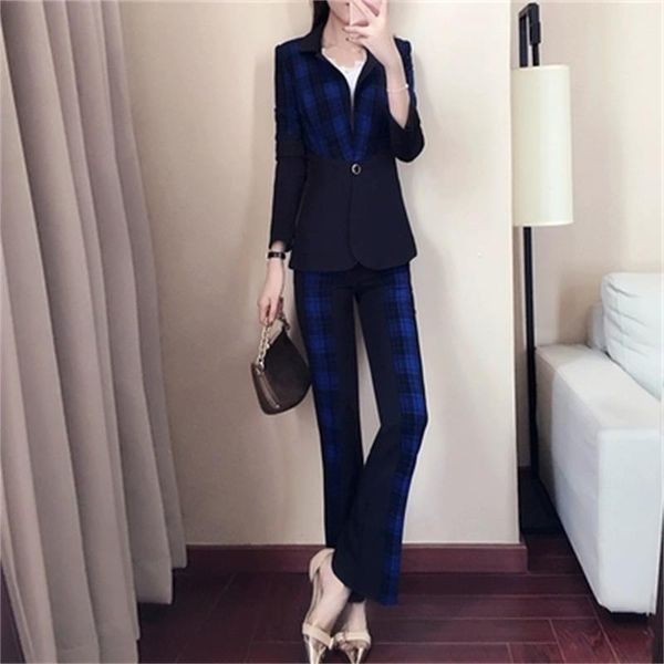 women's suits & blazers fashion plaid suit women spring autumn high end large size temperament casual small coat flared pants two-piece, White;black
women's suits & blazers fashion plaid suit women spring autumn high end large size temperament casual small coat flared pants two-piece, White;black