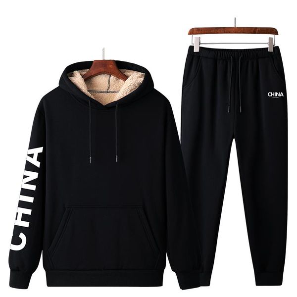 

jogging clothing men's winter product set 2021 male fashion printed sportswear hoodie + sweatpants hooded two-piece men suit casual 4xl, Black;red