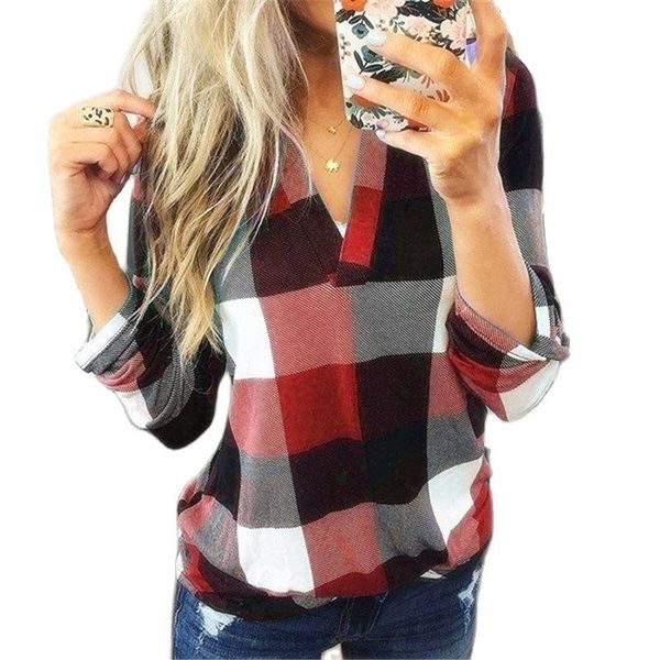 women's t-shirt foreign tradewomen's style spring and autumn shirts plaid printing v-neck long-sleeved t-shirts, White
women's t-shirt foreign tradewomen's style spring and autumn shirts plaid printing v-neck long-sleeved t-shirts, White
