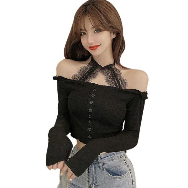 women's t-shirt woman tshirts off shoulder lace halter slim navel exposed long sleeve spring autumn tee, White
women's t-shirt woman tshirts off shoulder lace halter slim navel exposed long sleeve spring autumn tee, White