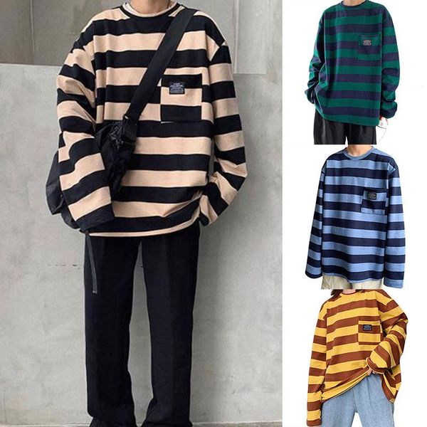 women's t-shirt women student couple long sleeve round collar striped casual loose d88, White
women's t-shirt women student couple long sleeve round collar striped casual loose d88, White