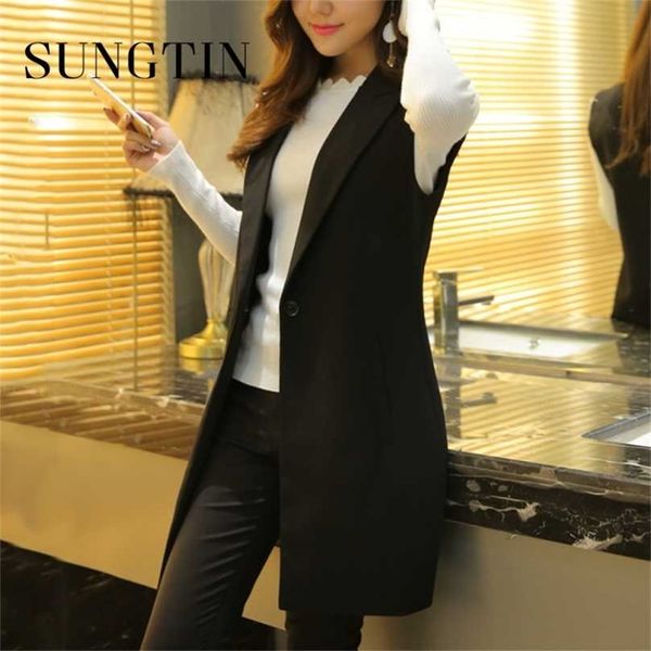 sungtin classic women long blazer vest elegant office lady coat female waistcoat causal suits sleeveless jacket plus size 211130, Black;white