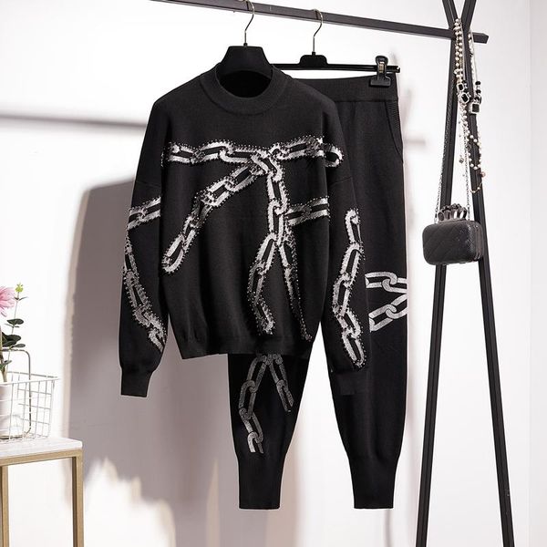 women's two piece pants black manual beaded chain printing women knitted tracksuit outfits casual o neck pullover pencil female knit se, White
women's two piece pants black manual beaded chain printing women knitted tracksuit outfits casual o neck pullover pencil female knit se, White