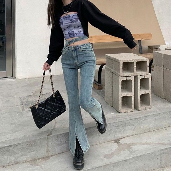 women's jeans fashion spring women button flare pants high waist stretched side split female denim blue trouser 2021
women's jeans fashion spring women button flare pants high waist stretched side split female denim blue trouser 2021