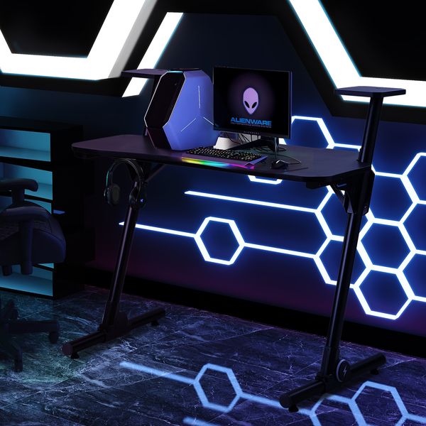 gaming desk, z-shaped computer desk gamer workstation with monitor stand & carbon fiber surface, gamer table with rgb lights, cup holder, he
gaming desk, z-shaped computer desk gamer workstation with monitor stand & carbon fiber surface, gamer table with rgb lights, cup holder, he