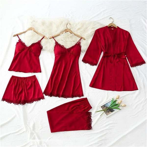 women's sleepwear satin female pajamas suit 5pcs robe set casual lace kimono gown nightgown nightwear loose intimate lingerie, Black;red
women's sleepwear satin female pajamas suit 5pcs robe set casual lace kimono gown nightgown nightwear loose intimate lingerie, Black;red