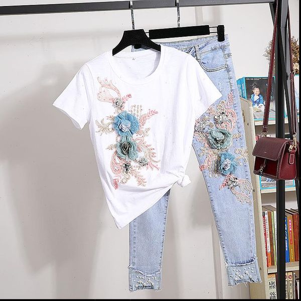 women 2021 new 2pcs summer stylish embroidery 3d flower short sleeved tshirt heavy work jeans rippered hole denim pants suit t19, Gray
women 2021 new 2pcs summer stylish embroidery 3d flower short sleeved tshirt heavy work jeans rippered hole denim pants suit t19, Gray