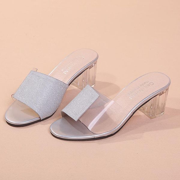 summer women's crystal bling sandals women open toe high thick heel transparent slippers party wedding shoes clear sandals, Black