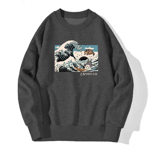 men's big wave printed sweatshirt, high-quality wool hoodie, casual loose knit trademark, autumn and winter, Black