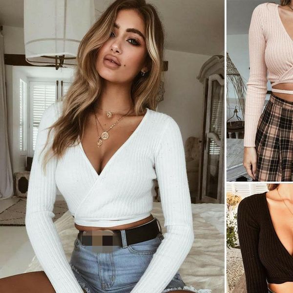 women ladies summer slim bandage crop long sleeve shirt casual solid v neck knitted short, White
women ladies summer slim bandage crop long sleeve shirt casual solid v neck knitted short, White