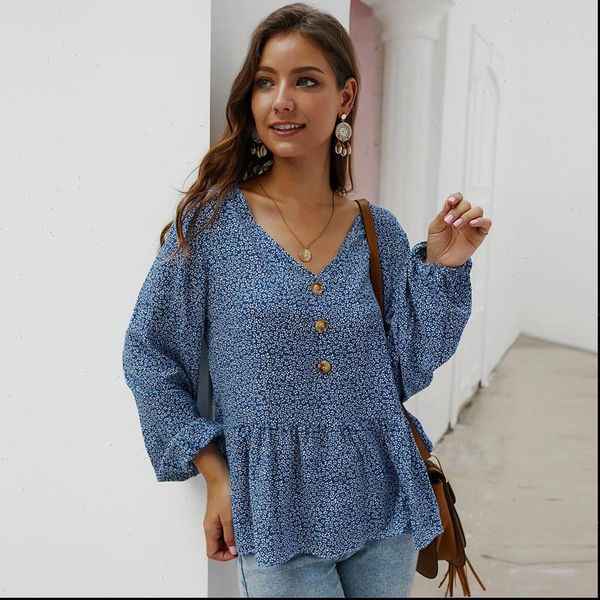 spring summer print blouse women cotton full sleeve casual ruffles v neck shirt 2021 new, White 
spring summer print blouse women cotton full sleeve casual ruffles v neck shirt 2021 new, White