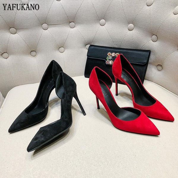 dress shoes 10cm thin heels high 2021 red nude flock side opening women pumps elegant office lady pointed toe wedding party, Black 
dress shoes 10cm thin heels high 2021 red nude flock side opening women pumps elegant office lady pointed toe wedding party, Black