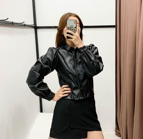 women's leather & faux black short loose pu jacket autumn winter soft puff sleeve street casual outwear ladies biker