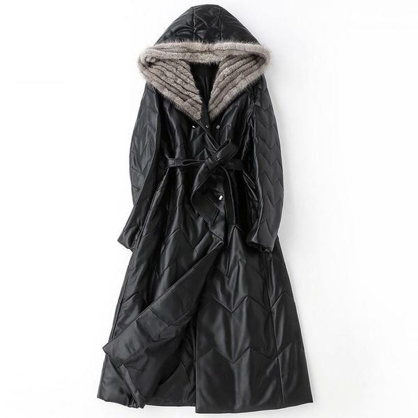 women's leather & faux genuine jacket with a turtleneck, long mink hood, mostly elegant and warm for office, Black
women's leather & faux genuine jacket with a turtleneck, long mink hood, mostly elegant and warm for office, Black