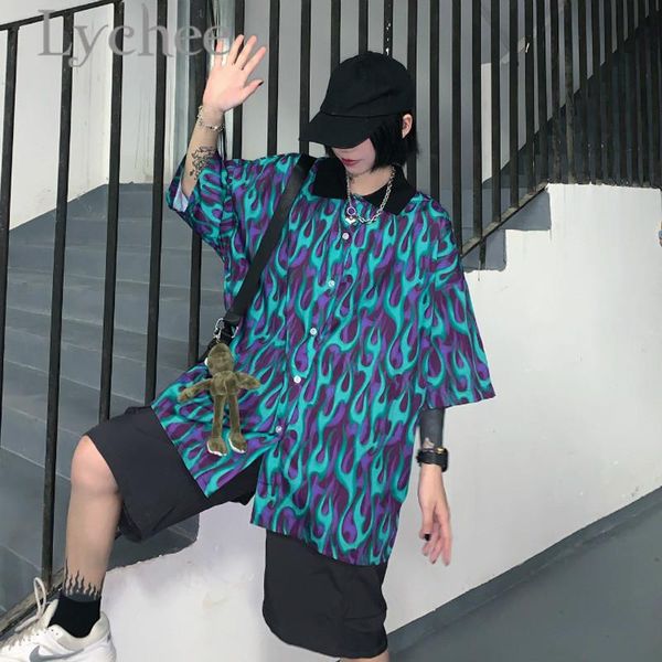 women's blouses & shirts lychee streetwear flame print women blouse summer short sleeve turn down collar hit color loose female shirt, White
women's blouses & shirts lychee streetwear flame print women blouse summer short sleeve turn down collar hit color loose female shirt, White
