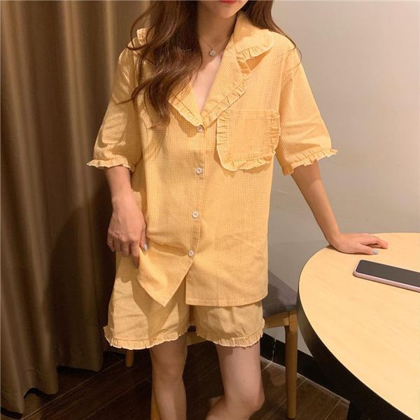 plaid set sweet cotton women sleepwear linen checkered pajamas korean nightwear loose pocket lapel home clothes ruffle s1033, Black;red
plaid set sweet cotton women sleepwear linen checkered pajamas korean nightwear loose pocket lapel home clothes ruffle s1033, Black;red