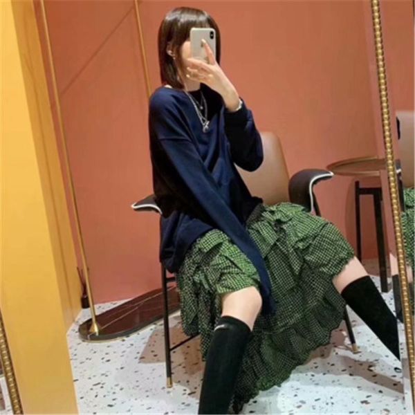 casual dresses irregular loose women korean fall patchwork plaid dress long-sleeved pullover sweater oversize 2021, Black;gray