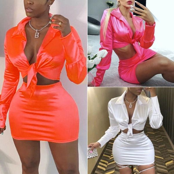 two piece dress summer women 2pcs set satin casual crop tight skirt party nightclub pieces sets, White
two piece dress summer women 2pcs set satin casual crop tight skirt party nightclub pieces sets, White