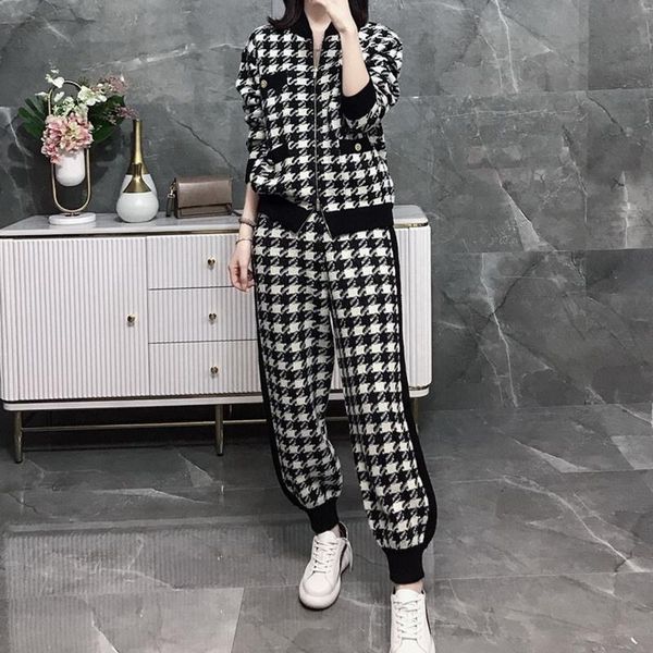 women's two piece pants houndstooth plaid knitted pieces set women knit cardigan zipper jacket coat pocket harem pant suit outfits sets, White
women's two piece pants houndstooth plaid knitted pieces set women knit cardigan zipper jacket coat pocket harem pant suit outfits sets, White