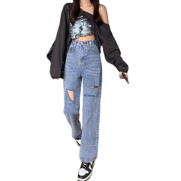 women's jeans worn out washed lady holes on knee soft cotton straight loose design, Blue
women's jeans worn out washed lady holes on knee soft cotton straight loose design, Blue