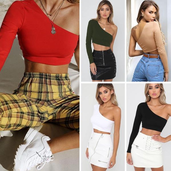 women's t-shirt oblique shoulder long-sleeved crop elastic pure color casual women irregular navel slim tees summer beach vacation, White
women's t-shirt oblique shoulder long-sleeved crop elastic pure color casual women irregular navel slim tees summer beach vacation, White