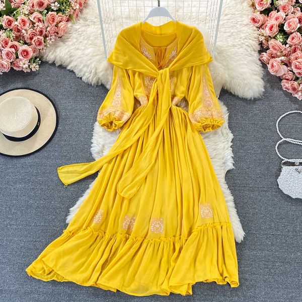 bohemian white/yellow/red embroidered dress women scarf collar puff long sleeve elegant high waist vestidos 2021 female robe new y0603, Black;gray
bohemian white/yellow/red embroidered dress women scarf collar puff long sleeve elegant high waist vestidos 2021 female robe new y0603, Black;gray