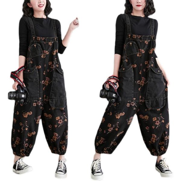 women's jeans plus size denim overalls spring and autumn loose literary print wide-leg big pocket casual harem pants, Blue
women's jeans plus size denim overalls spring and autumn loose literary print wide-leg big pocket casual harem pants, Blue