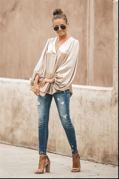 women blouses office lady shirts v neck low cut lantern sleeve loose elegant smooth silk and satins highstreet outwear, White
women blouses office lady shirts v neck low cut lantern sleeve loose elegant smooth silk and satins highstreet outwear, White