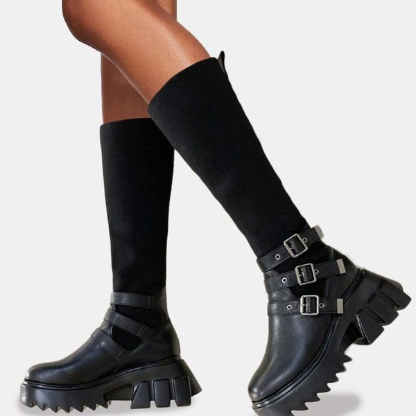 boots brand fashionable tire sole chunky heels platform motorcycles sock boot buckles women shoes calf, Black
boots brand fashionable tire sole chunky heels platform motorcycles sock boot buckles women shoes calf, Black