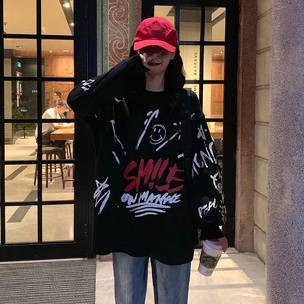 2021 autumn new loose letter graffiti print round neck pullover sweatshirt drop shoulder sleeve fashion i9kl, Black
2021 autumn new loose letter graffiti print round neck pullover sweatshirt drop shoulder sleeve fashion i9kl, Black