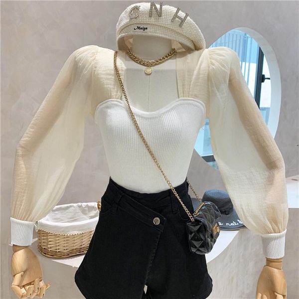 women's blouses & shirts niche design clothing fashion square collar contrast stitching slim fitting puff sleeve fake 2 piece knit shir, White
women's blouses & shirts niche design clothing fashion square collar contrast stitching slim fitting puff sleeve fake 2 piece knit shir, White